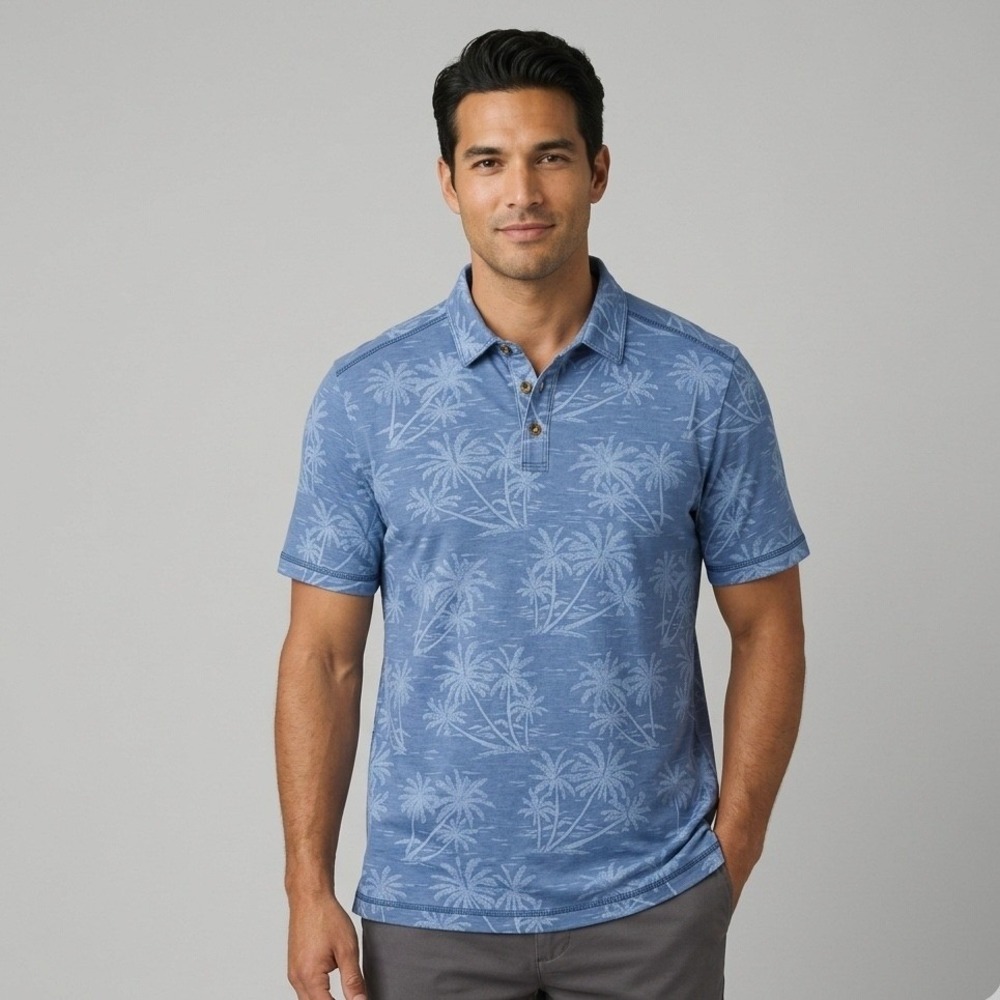 Tommy Bahama Mens Blue Tropical Palm Tree Print Polo Shirt Large ST225618RA